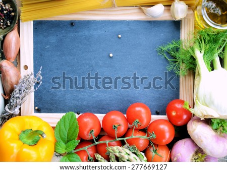 food ingredients Italian food, vegetables and spices, background for text or logo