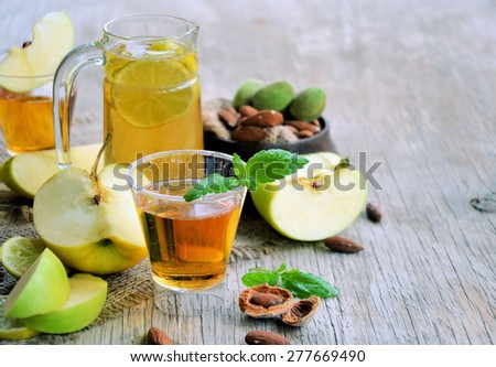 apples and juice, organic food, background for text or logo
