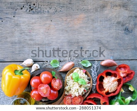 Natural food ingredients on a wooden background