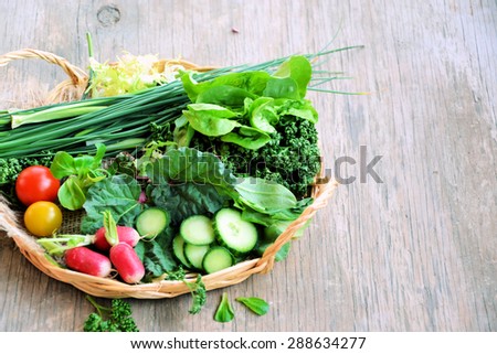 Natural food ingredients on a wooden background