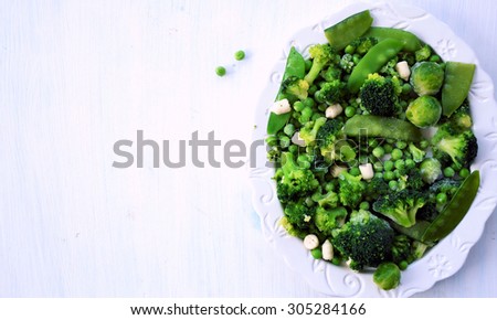 plate with green vegetables on a white background