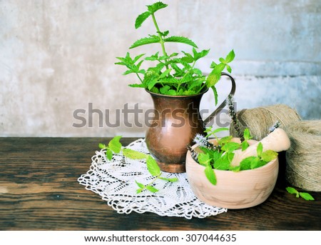 Bunch of fresh mint and mortar, natural herbs