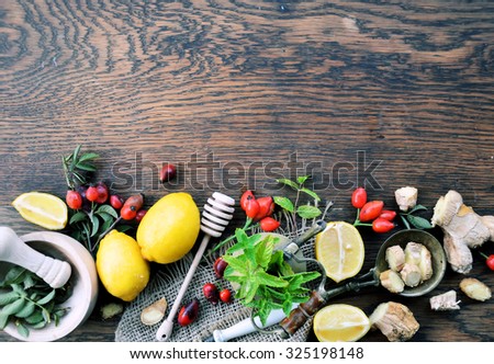 ginseng, lemon, peppermint, rose hip ,Food ingredients with Vitamin C.background for text or logo, lifestyle
