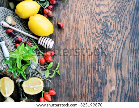lemon, peppermint, rose hip ,Food ingredients with Vitamin C.background for text or logo, lifestyle