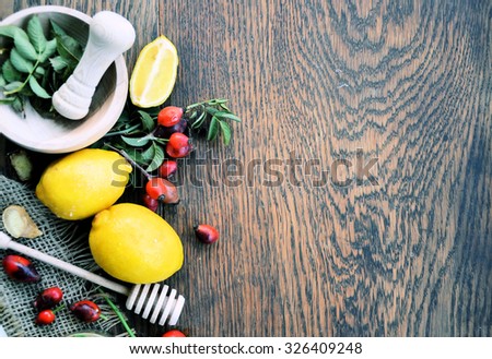 lemon ,rose hip ,Food ingredients with Vitamin C.background for text or logo, lifestyle