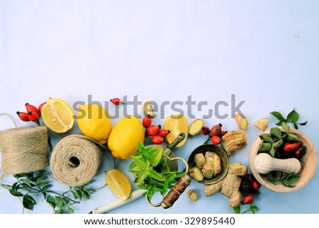 ginger, rose, lemon, food ingredients, Vitamin C, Background for text or logo, lifestyle
