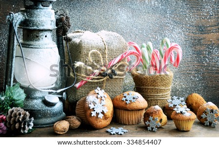 Holiday composition with gifts and sweets, winter theme