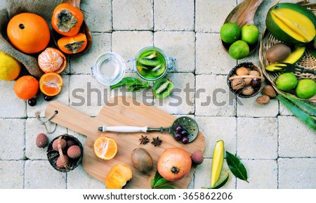 process of preparing a smoothie with tropical fruits, cooking concept ,organic food