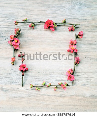 Frame of spring flowers on a wooden ,with space for text ,spring or summer theme