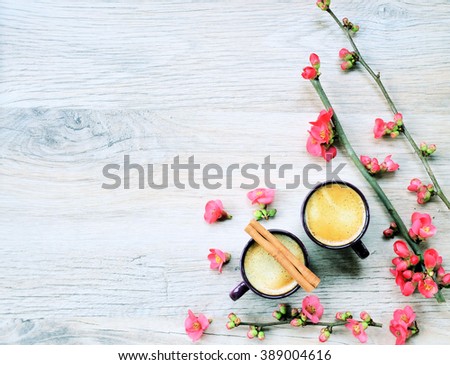 coffee break, coffee and flowers, spring or summer background ,with space for text