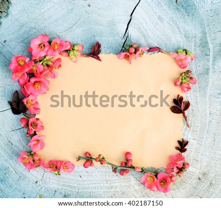 flowers on a wooden ,floral frame ,Spring or summer background