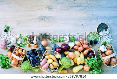 top view organic food ,natural farm products in wooden with copy space for text or logo , business eco concept