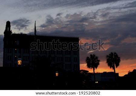 Night sky and buildings with lighted rooms at vivid twilight sunset with silhouetted palm trees.
