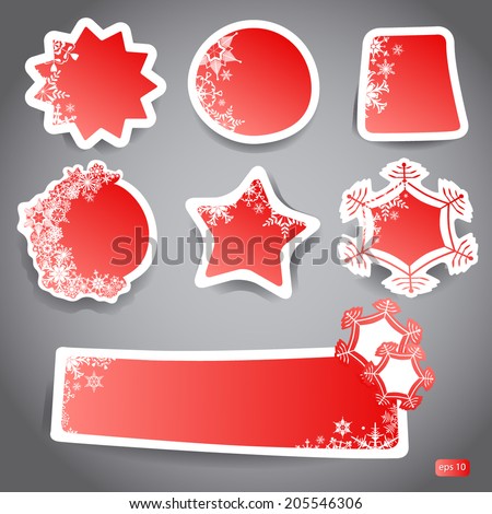 labels for winter discounts with snowflakes in red color