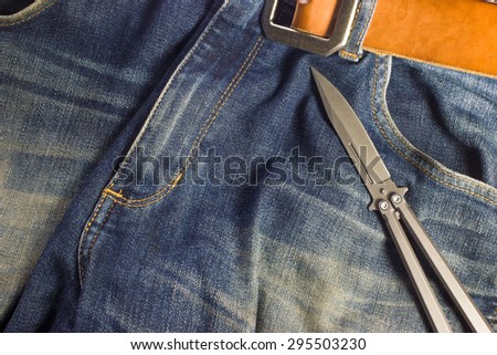 vintage style blue jeans bag with pocket knife and Instagram filter