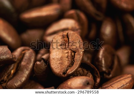 Closeup of coffee beans with focus on one / closeup with macro len of coffee beans