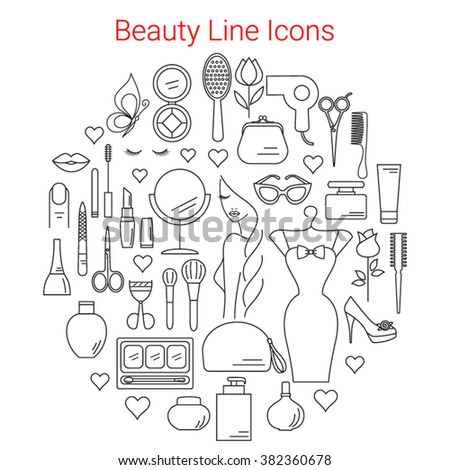 Beauty, Cosmetic and Makeup Vector Line Icons Set Circular Shaped. Symbols  for fashion, salon, spa, hairdressers or wellness centers. Women accessories