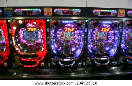 OSAKA, JAPAN - FEBRUARY 20. 2012: Pachinko Machines used for recreational arcade game and as a gambling device, filling a Japanese gambling niche comparable to slot machines in Western gaming.