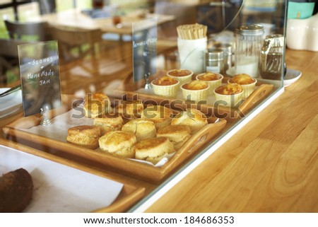 many scones in coffee shop on sun light