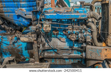 Old dirty diesel engine and oil leak