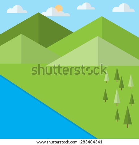 Green forest lake and Mountain landscape, vector illustration