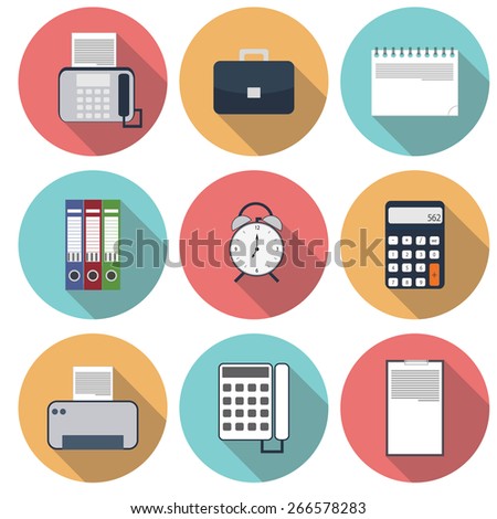 Social icons on the topic of business, office equipment with long shadow