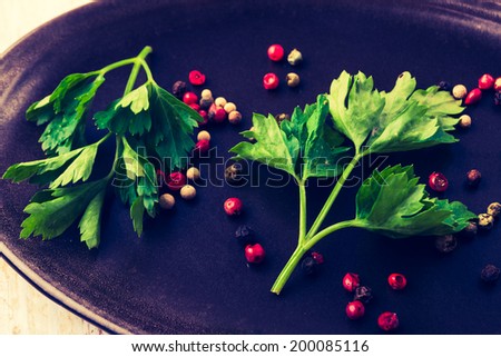 vintage photo of fresh parsley and red pepper. herbs and spices on plate