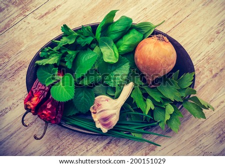 vintage photo of fresh herbs, organic garlic, onion and hot pepper