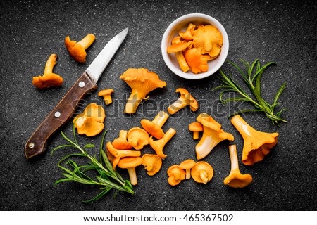 Raw wild chanterelle mushrooms redy for cooking. Composition with wild mushrooms