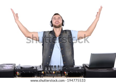 Cool DJ at work Happy young men spinning on turntable while isolated on white Cool DJ at work Happy young men spinning on turntable while isolated on white