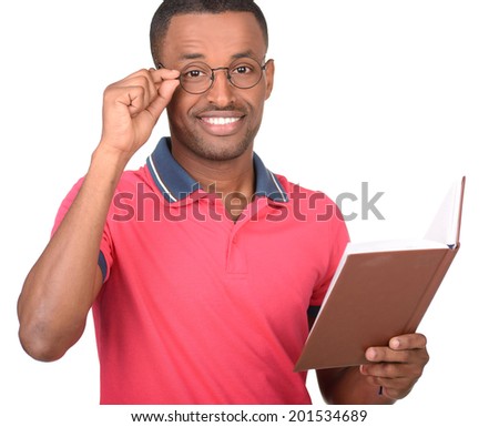 Happy African American college student with a book on Isolated White Background
