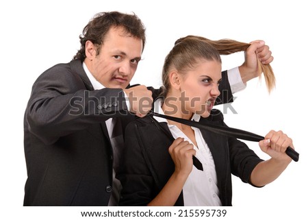 Portrait struggle businessman and business woman with bruises on her face, isolated on a white background. Smile for clients