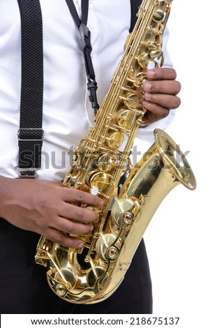 Saxophonist black men in white shirt. Isolated on white background