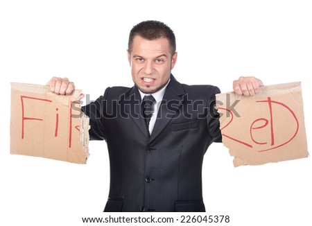 Fired businessman is searching for a job, isolated on white background.