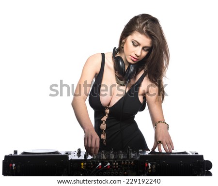 Young sexy dj woman against white background.