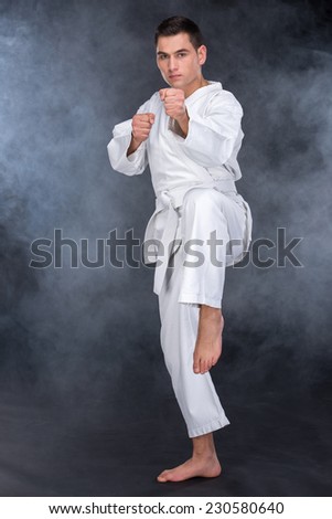 Karate martial arts. Fighter is looking at the camera, isolated on dark, foggy background.