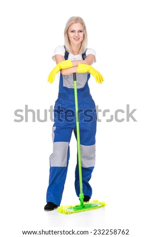 Young smiling cleaner woman with cleaning broom, on the white background.