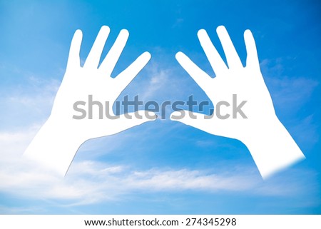 The white palm hand on blue sky background