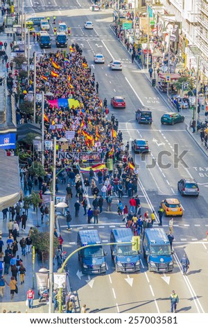 Madrid, Spain - March 1, 2015. Protest at Gran Via in Madrid against the leaders of Venezuela