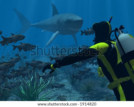 A SCUBA Diver Coming Face to Face with a Great White Shark