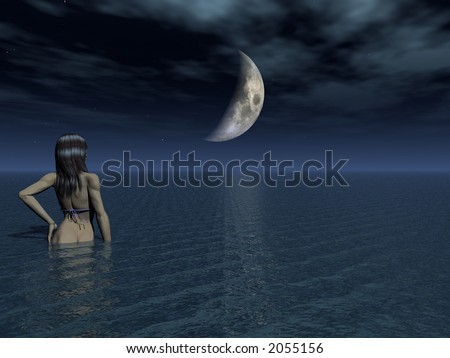 Girl in Water at night under moon