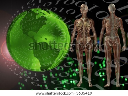 Medical Information Technology - Female Human Anatomy Muscle and Skeleton on Green Earth with Fiber Optics, Flare, and Binary 1\'s and 0\'s on a Black Velvet Background
