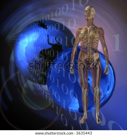 Female Human Anatomy, Muscle and Skeleton, with Earth, Fiber Optics, Lens Flare, and Binary Information Technology