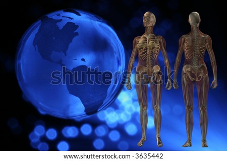 Medical Information Technology Blue Earth with Fiber Optics and Female Human Anatomy Muscle and Skeleton