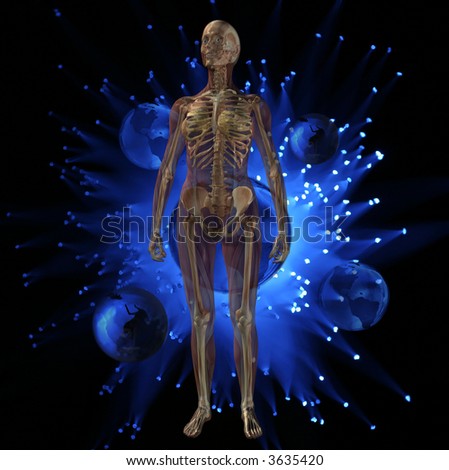 Human Anatomy over Earth Globes on a Blue Fiber Optic Background - Medical Technology