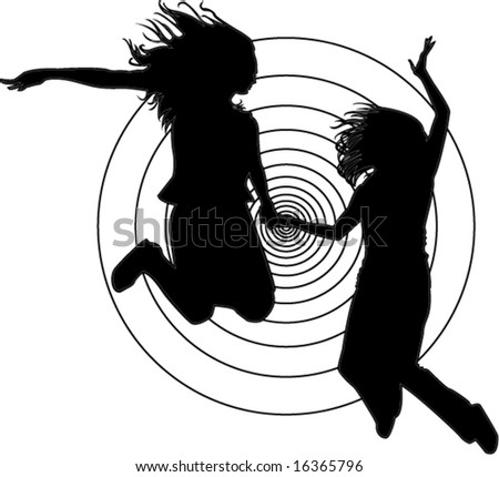 holding hands jumping. stock vector : 2 jumping girlfriends holding hands against black and white 