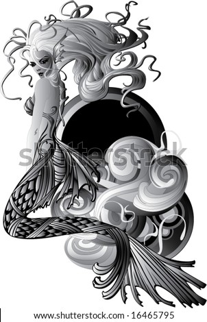 stock vector : sexy tattoo mermaid atop a wave with rainbow oval background 