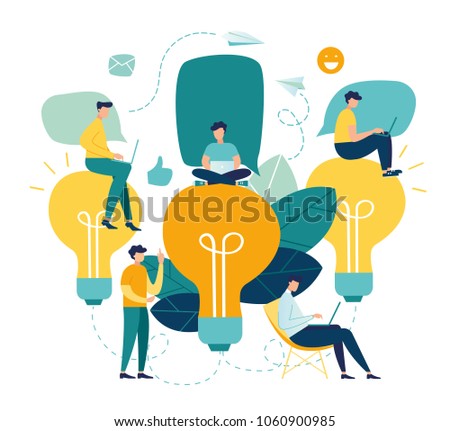 Vector flat illustration, business meeting and brainstorming, business concept for teamwork, searching for new solutions, little people are sitting on light bulbs in search of ideas