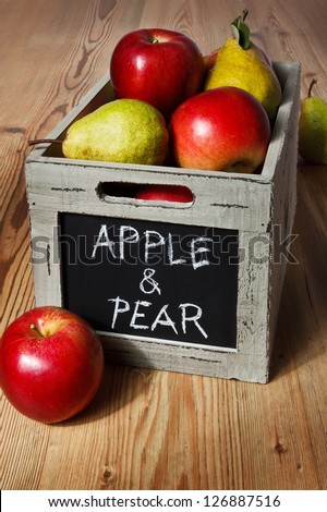 Wooden crate box full of fresh apples and pears