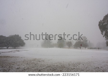 Cold, winter day with snow on the golf course